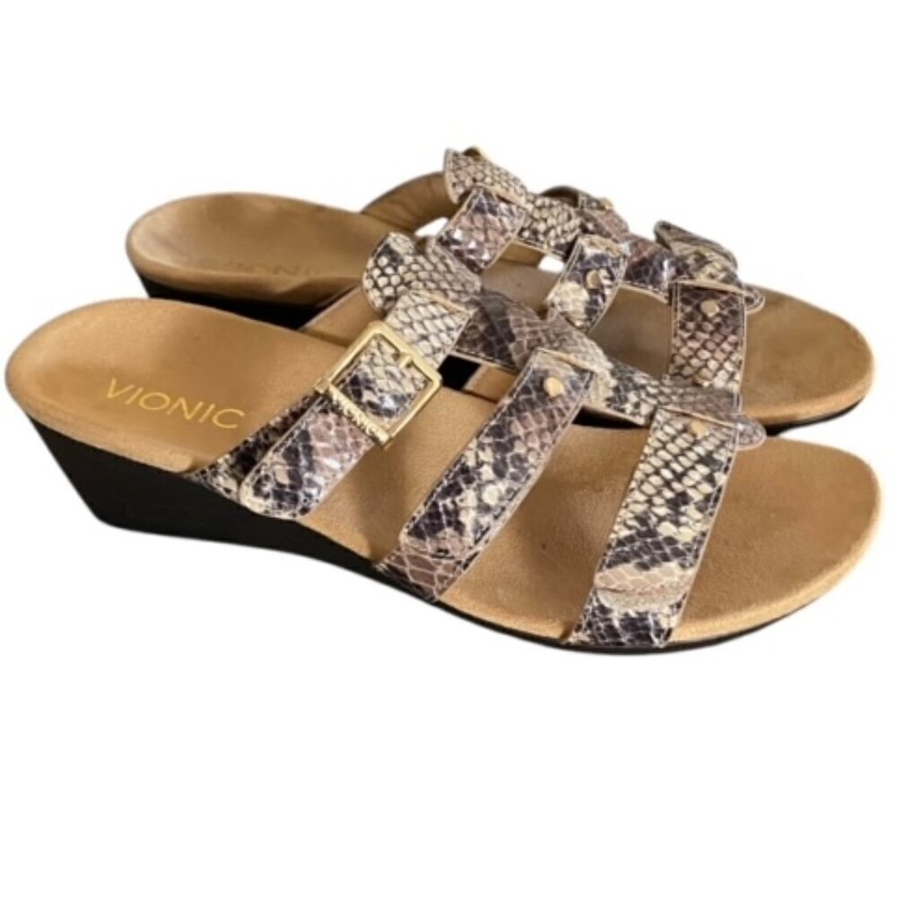 Vionic Radia Triple Strap Wedge Sandal in Natural Snake 8